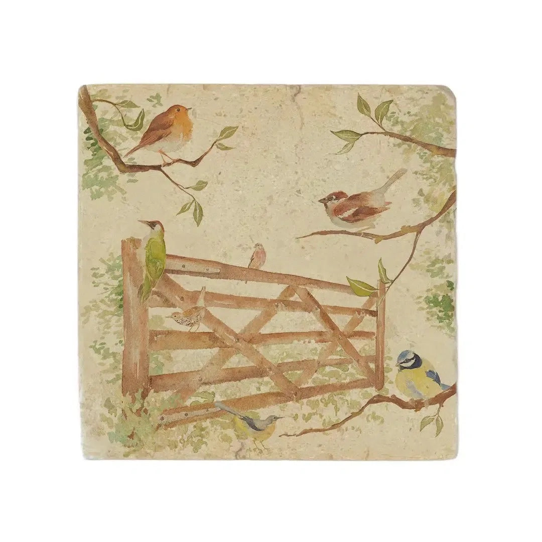 The Humble Hare Happy Hedgerow medium platter, a square stone tile printed with birds on a gate and branches