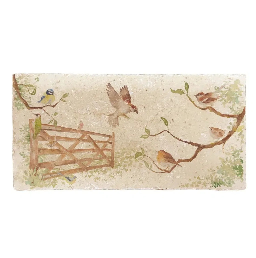 The Humble Hare Happy Hedgerow sharing platter, a rectangular stone platter printed with garden birds, a gate and branches
