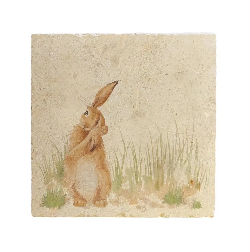 The Humble Hare large platter, a stone tile printed with a hare sitting in grass