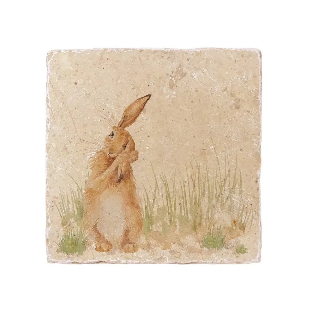 The Humble Hare medium platter, a square stone tile printed with a hare sitting in grass