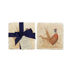 The Humble Hare Pheasant Parade coasters, two stone coasters with pheasants, one tied with a navy ribbon