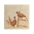 The Humble Hare Pheasant Parade large platter, a square stone tile printed with two pheasants by a fence