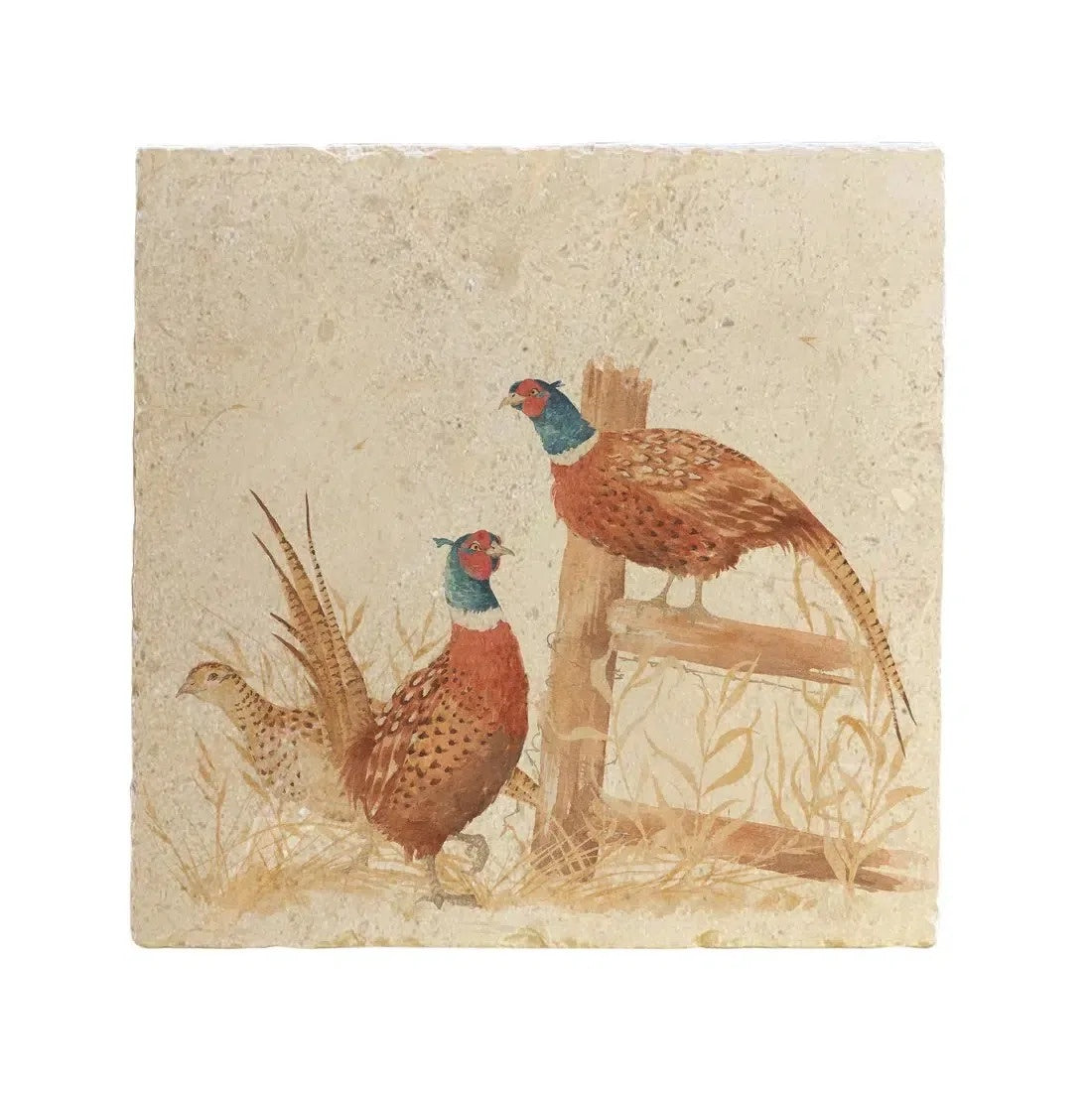 The Humble Hare Pheasant Parade large platter, a square stone tile printed with two pheasants by a fence