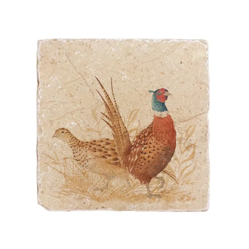 The Humble Hare Pheasant Parade medium platter, a square stone tile printed with a cock pheasant