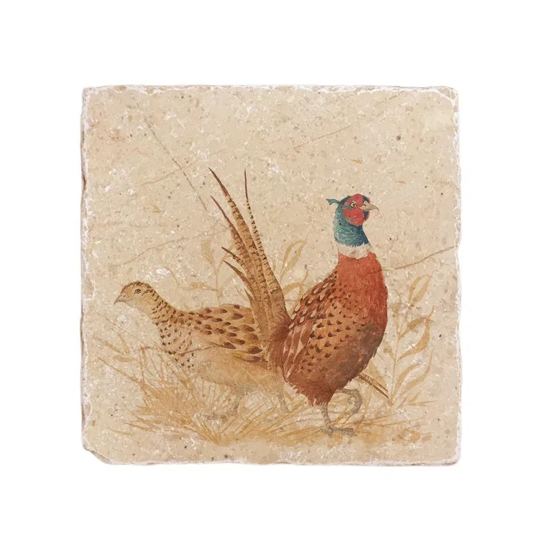The Humble Hare Pheasant Parade medium platter, a square stone tile printed with a cock pheasant