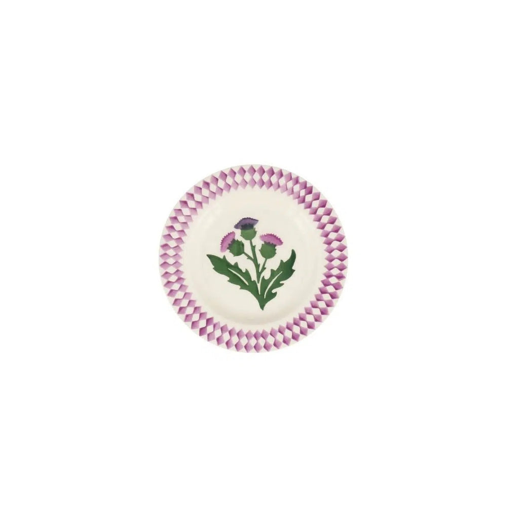 Emma Bridgewater Thistle 6 1/2 inch plate with a purple thistle and dot border