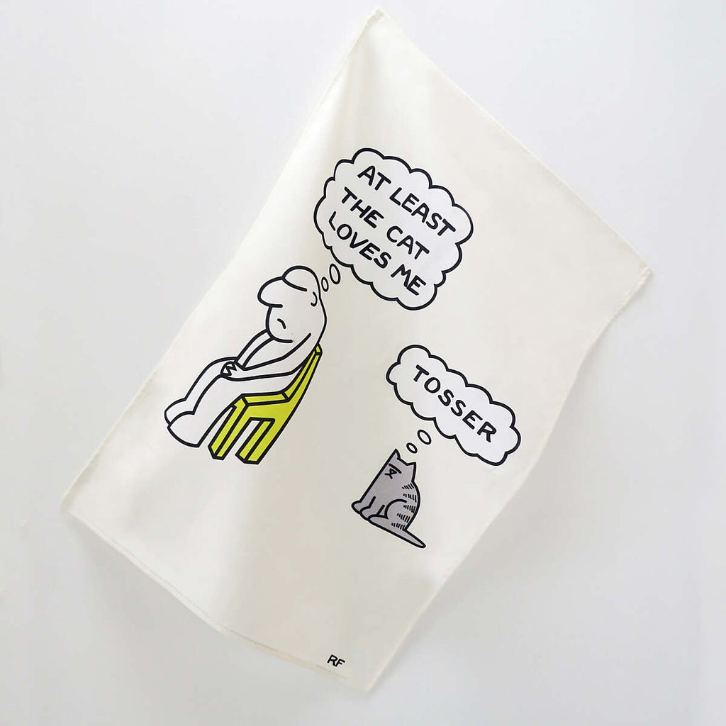 Samuel Lamont Tosser tea towel with a comic illustration of a man and a cat