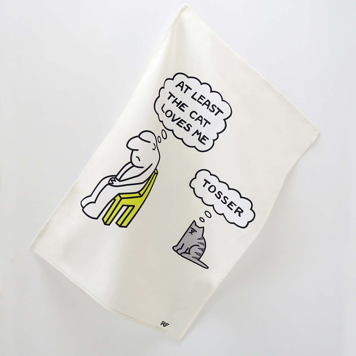 Samuel Lamont Tosser tea towel with a comic illustration of a man and a cat