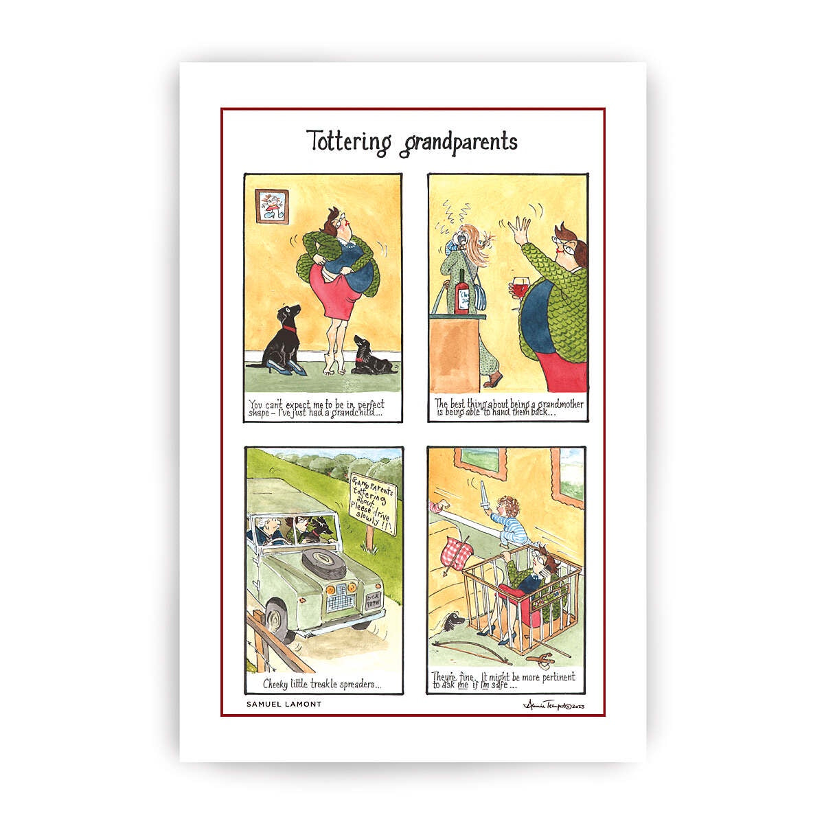 Samuel Lamont Tottering Grandparents tea towel with four comic panels and a red border