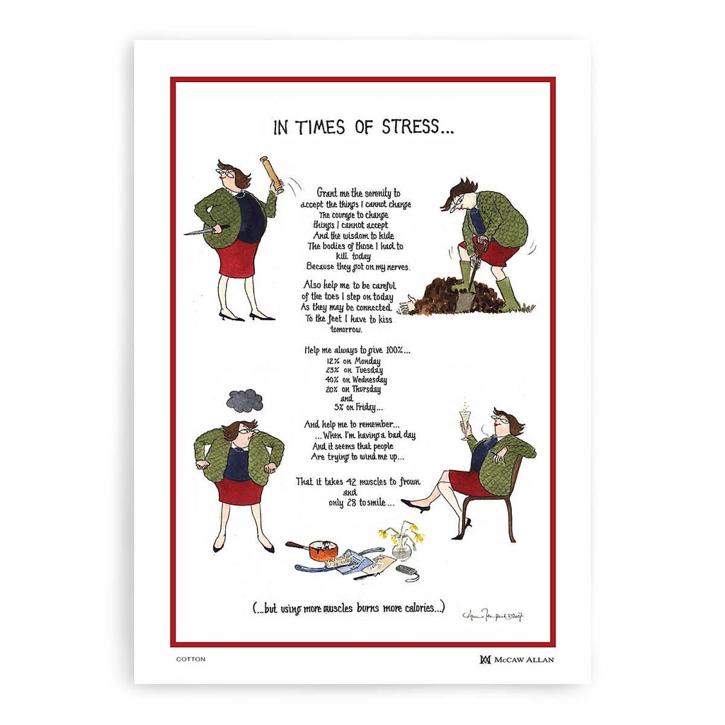 Samuel Lamont Tottering tea towel titled In Times of Stress, with cartoon women and a verse in a red border