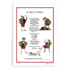 Samuel Lamont Tottering tea towel titled In Times of Stress, with cartoon women and a verse in a red border