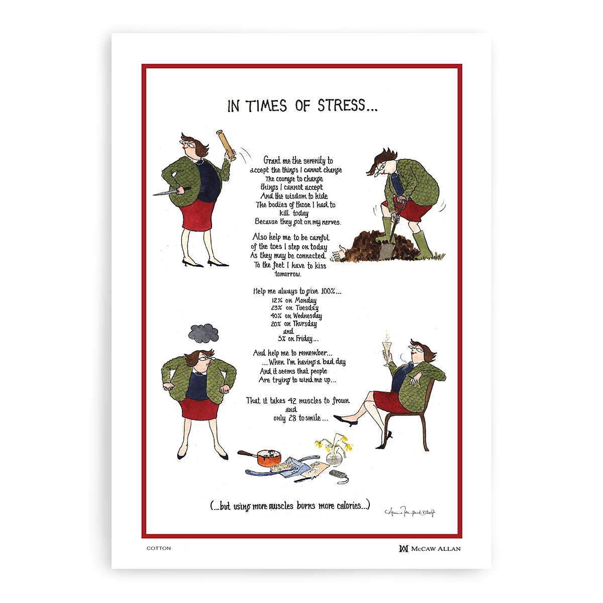 Samuel Lamont Tottering tea towel titled In Times of Stress, with cartoon women and a verse in a red border