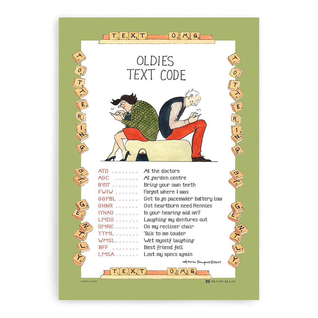 Samuel Lamont Oldies Text Code tea towel with a green border, cartoon of two people on phones and text abbreviations