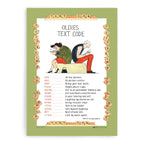 Samuel Lamont Oldies Text Code tea towel with a green border, cartoon of two people on phones and text abbreviations