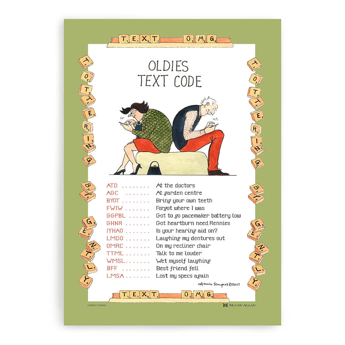 Samuel Lamont Oldies Text Code tea towel with a green border, cartoon of two people on phones and text abbreviations