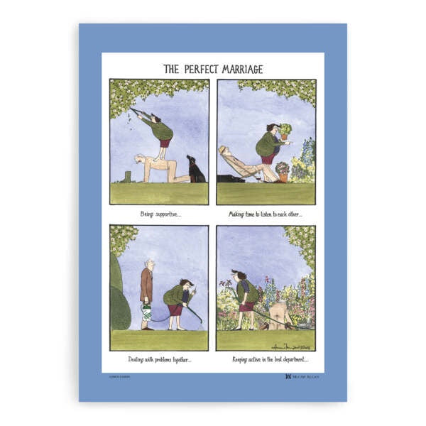 Samuel Lamont The Perfect Marriage tea towel with four comic panels on a blue border