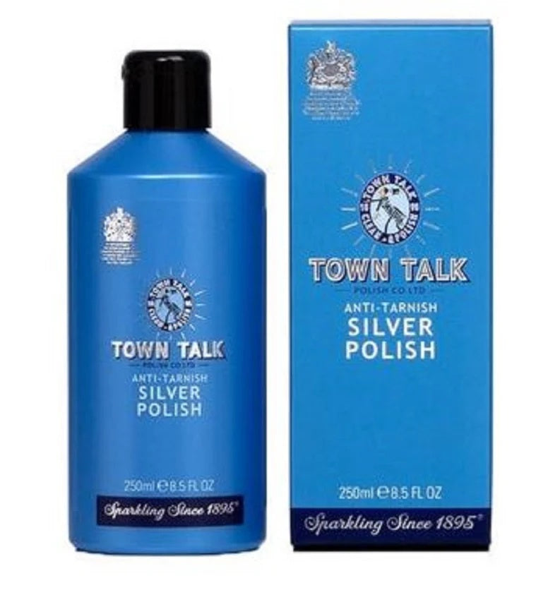 Town Talk silver polish, 250ml, in a blue bottle beside its box