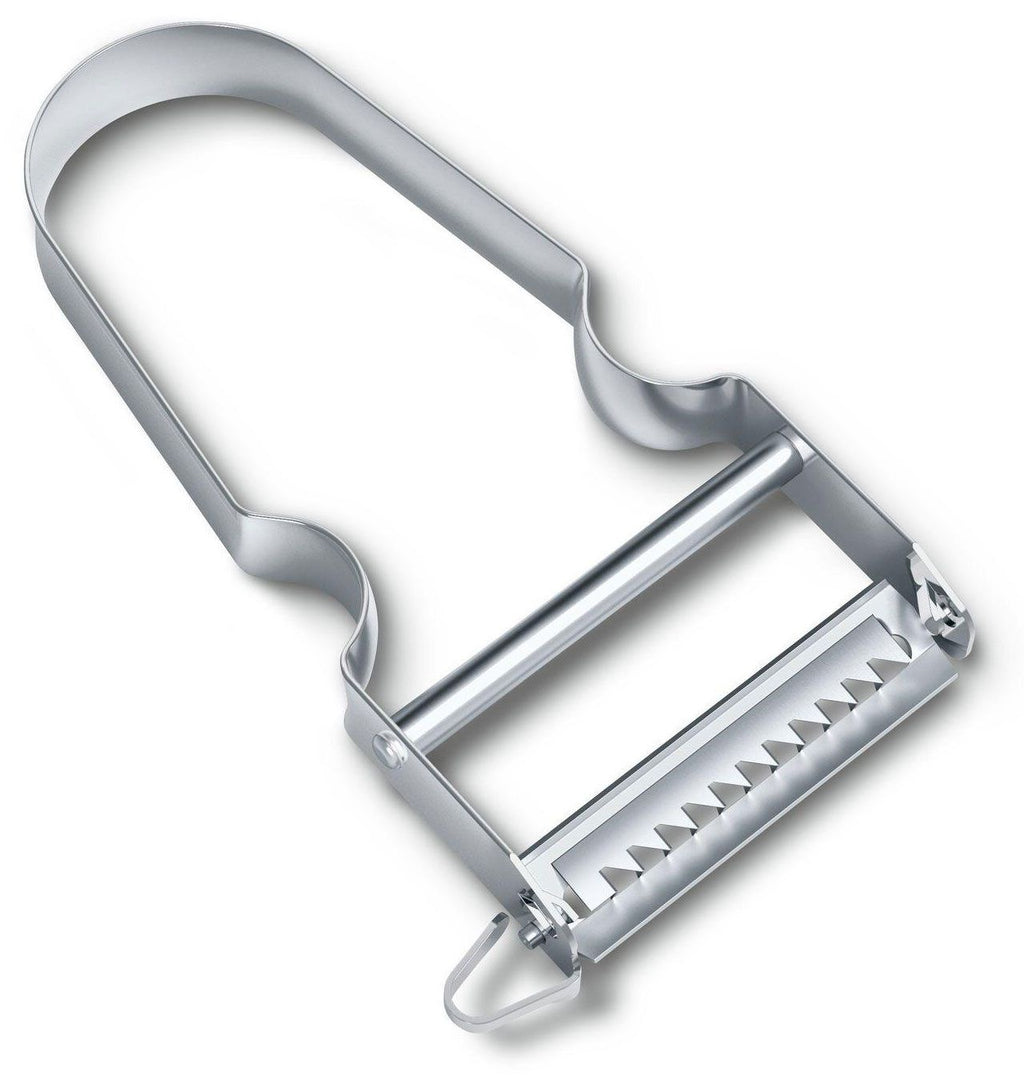 Victorinox star peeler in stainless steel with a swivel blade and a serrated julienne edge