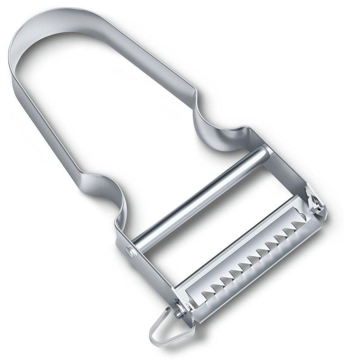 Victorinox star peeler in stainless steel with a swivel blade and a serrated julienne edge