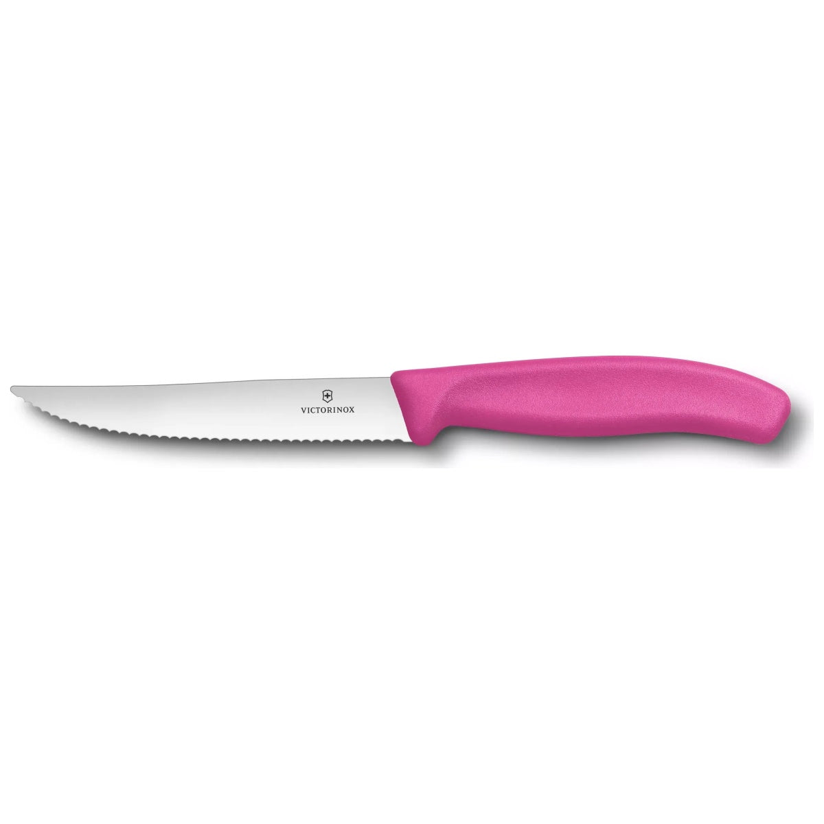 Victorinox Swiss Classic Gourmet steak and pizza knife with a serrated blade and a pink handle