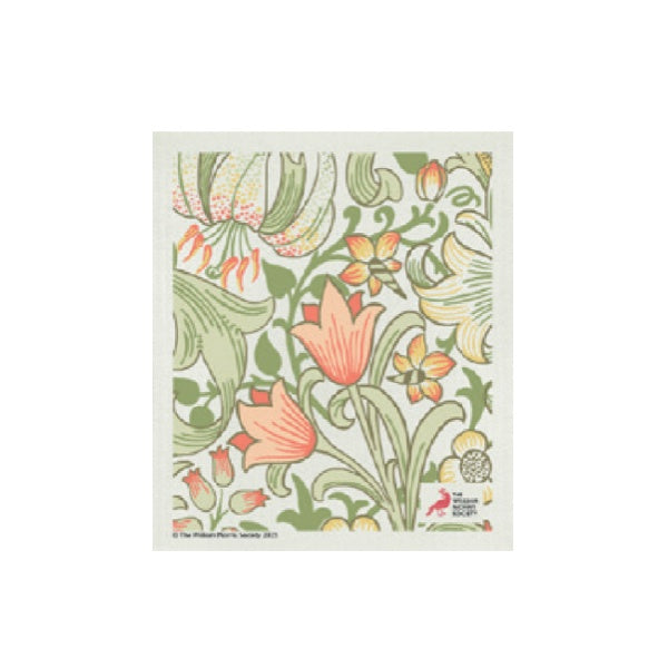 William Morris Swedish dish cloth with a Golden Lily pattern of orange and green flowers