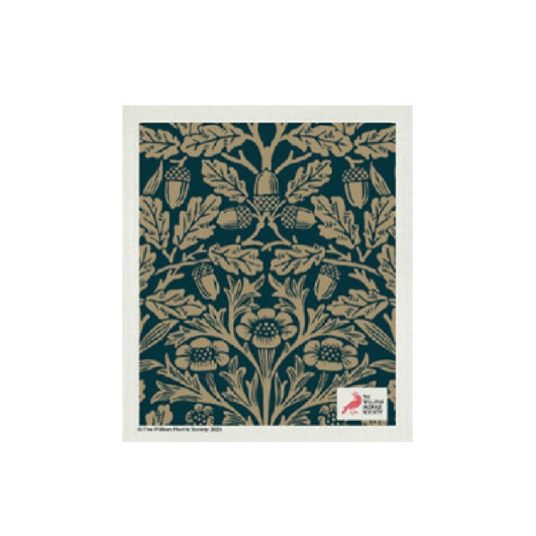 William Morris Swedish dish cloth in teal with a gold acorn and oak leaf pattern