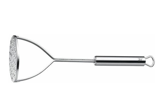 WMF Profi Plus perforated potato masher with a stainless steel head and a long handle with a hanging loop