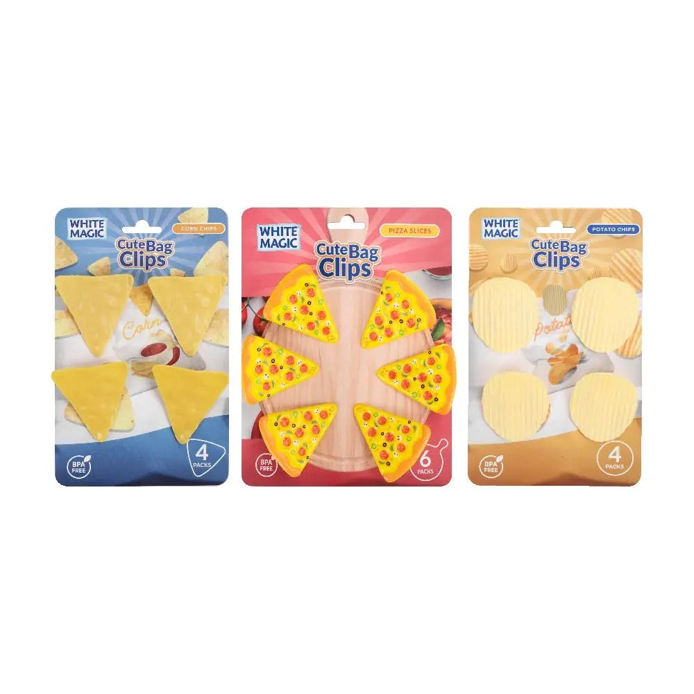 White Magic Cute Bag Clips, three retail packs of clips shaped like tortilla chips, pizza slices and potato chips