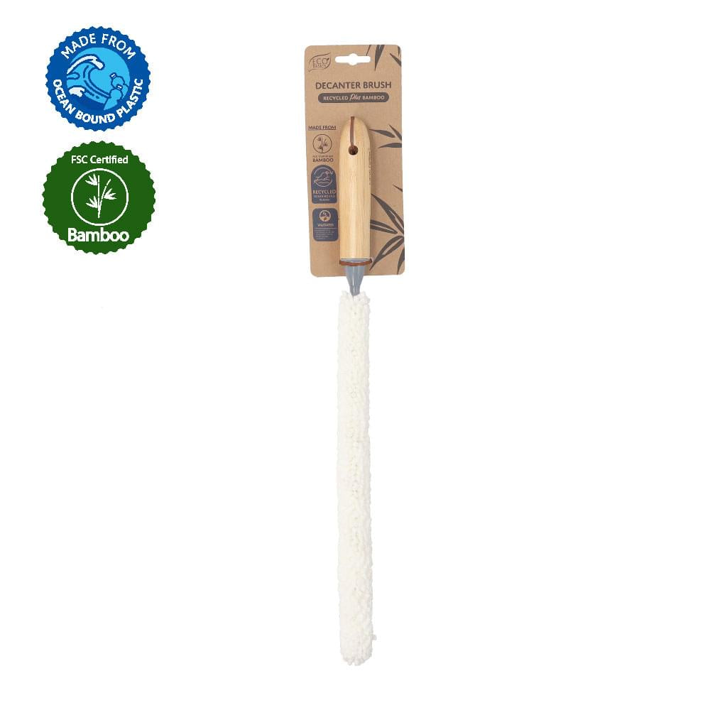 Eco Basics decanter brush with a long white bristle head and bamboo handle, shown on its card packaging