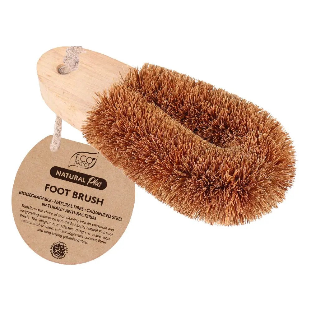 Eco Basics Natural Plus foot brush with a coconut fibre head and a wooden base, with a hang tag