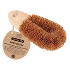 Eco Basics Natural Plus foot brush with a coconut fibre head and a wooden base, with a hang tag