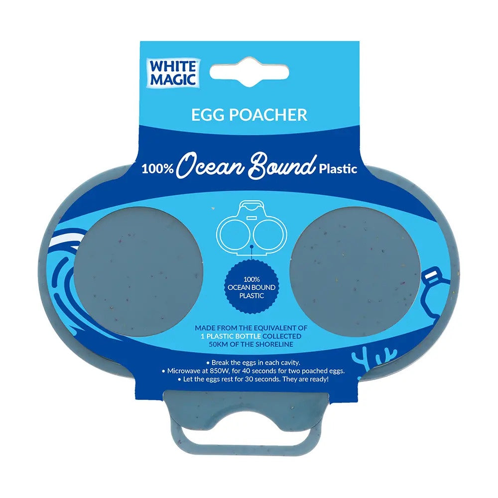 White Magic Ocean microwave egg poacher in blue, shown in its packaging