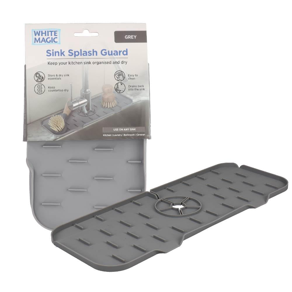 White Magic sink splash guard in grey, shown on its retail card