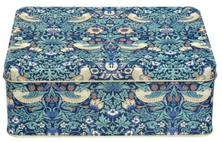 Arts & Crafts deep rectangle tin with a William Morris Strawberry Thief pattern in blue and green