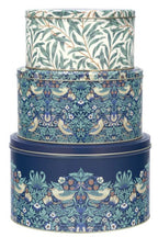 Arts & Crafts round tins, a nested stack of three with a William Morris Strawberry Thief pattern