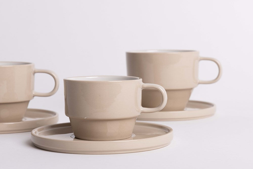 Ned Collections Hudson stacking cups and saucers in a soft cashmere beige