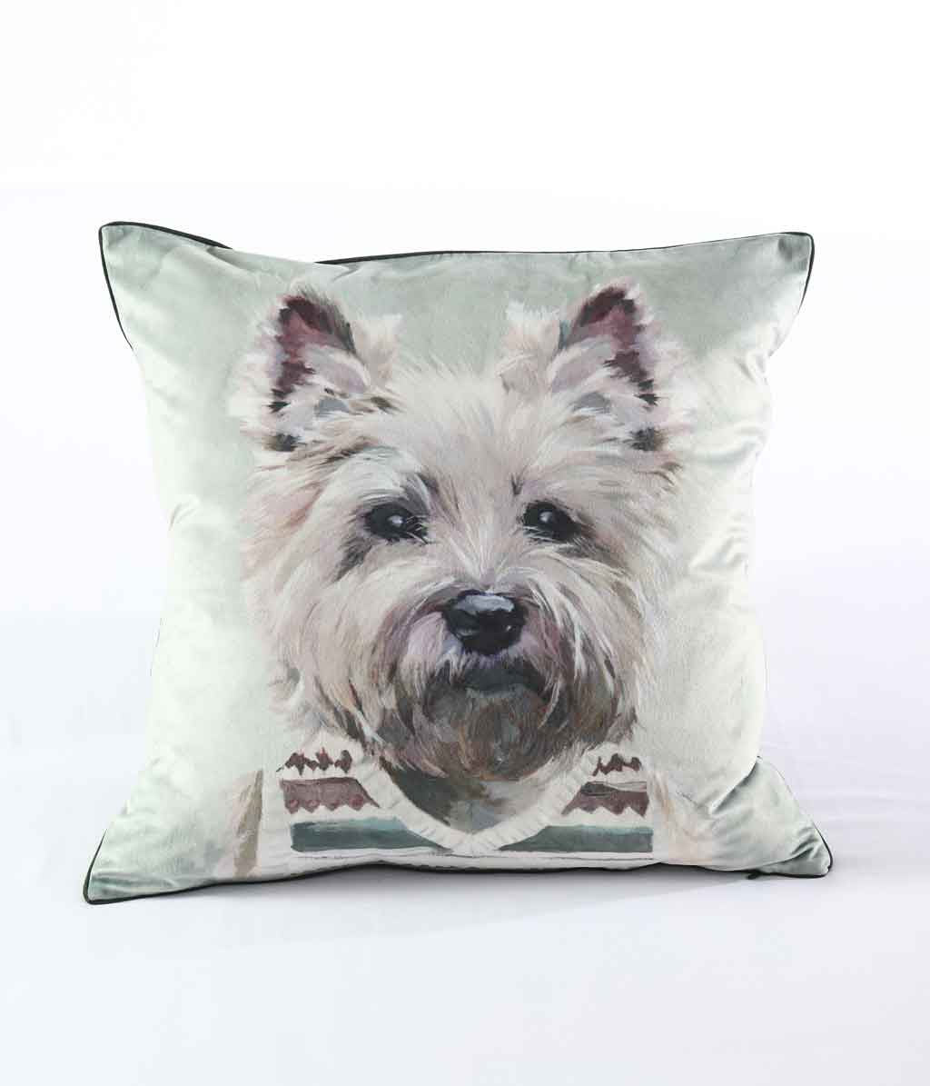 MM Linen Westie in a Vestie cushion with a painted West Highland terrier wearing a knit vest