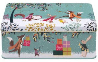 Sara Miller Woodland Tales Merry Band deep rectangular Christmas tin with illustrated foxes and rabbits