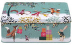 Sara Miller Woodland Tales Merry Band deep rectangular Christmas tin with illustrated foxes and rabbits