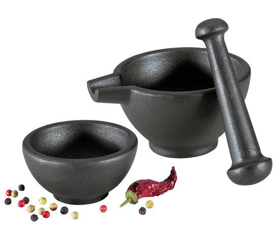 Zassenhaus cast iron mortar and pestle 3 piece set, 10cm, styled with peppercorns and chillies