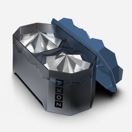 Zoku Iceberg ice mould in grey and navy blue with a lid and two faceted moulds