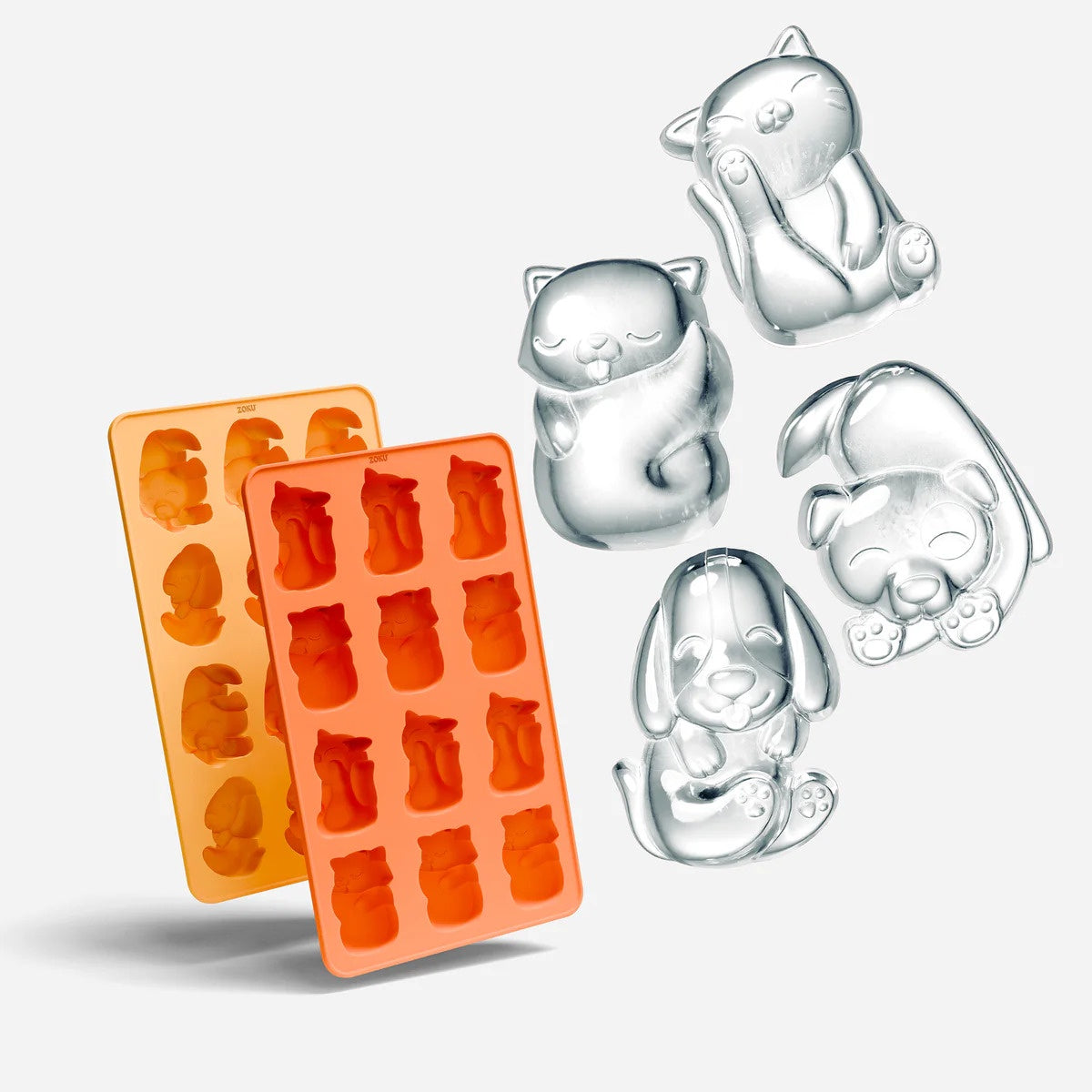 Zoku Cat & Dog ice tray set with two orange trays and grey cat, dog, hamster and rabbit shaped ice cubes
