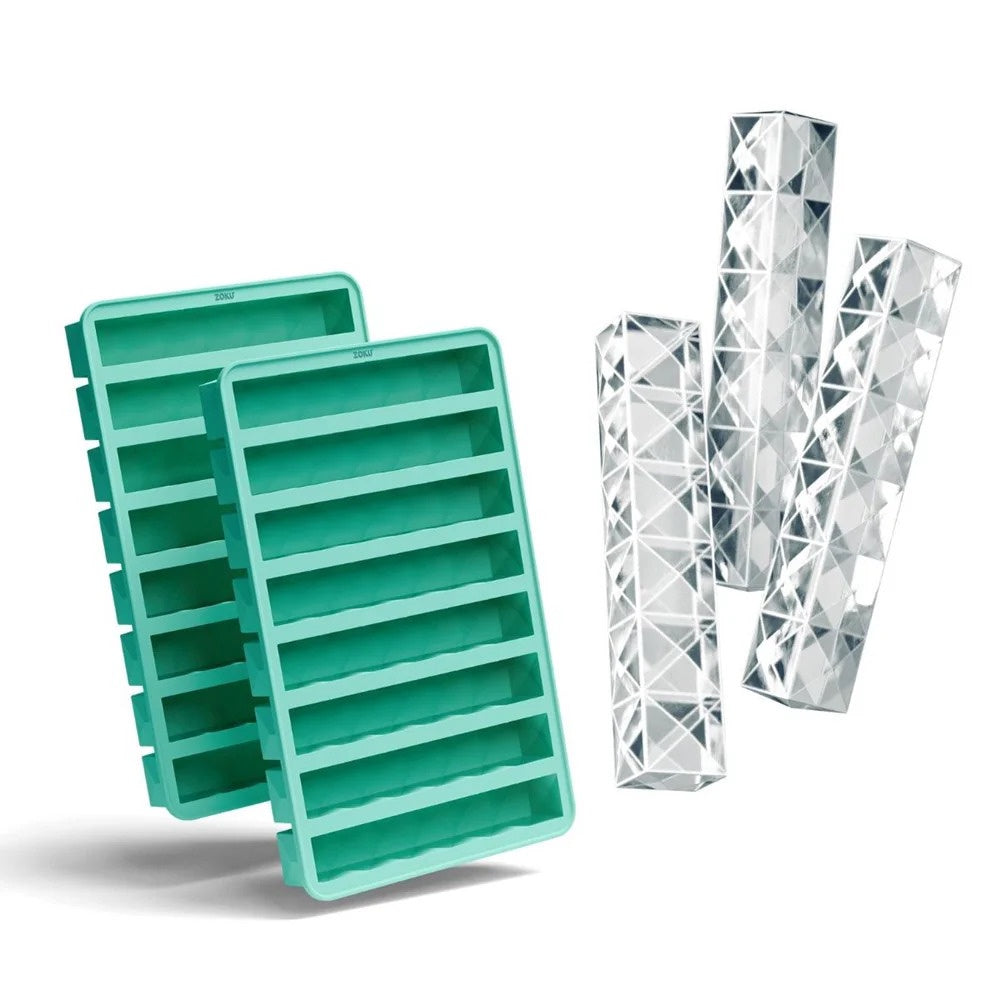 Zoku Prism ice tray set with two teal silicone trays and three tall faceted ice sticks
