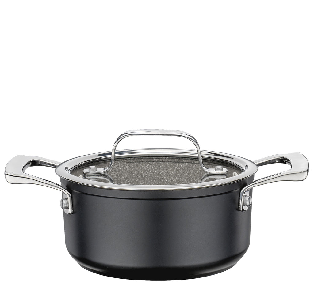 Meridan Pro Swiss Crystal 16cm low casserole in black non-stick with a glass lid and two steel handles