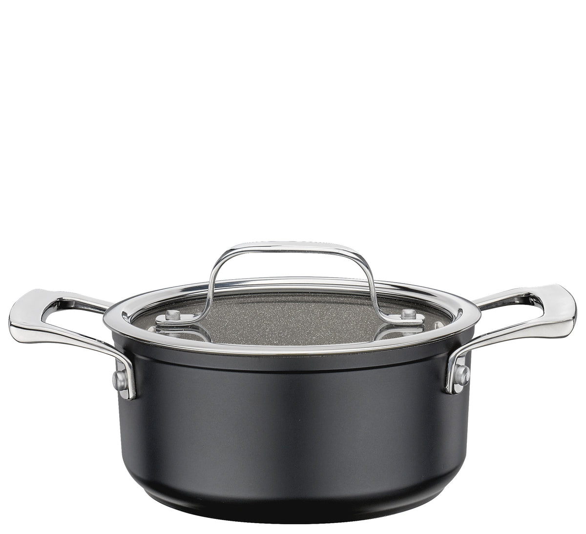 Meridan Pro Swiss Crystal 16cm low casserole in black non-stick with a glass lid and two steel handles