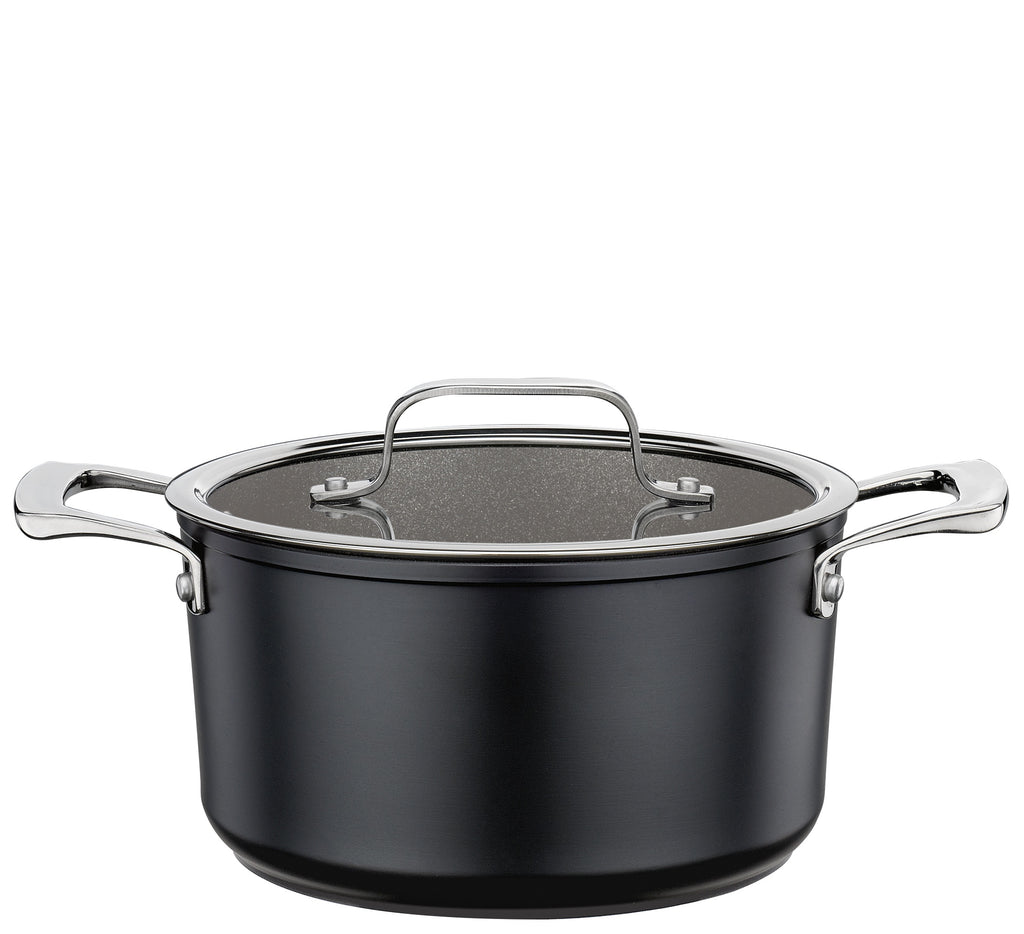 Meridan Pro Swiss Crystal 20cm low casserole in black non-stick with a glass lid and two steel handles