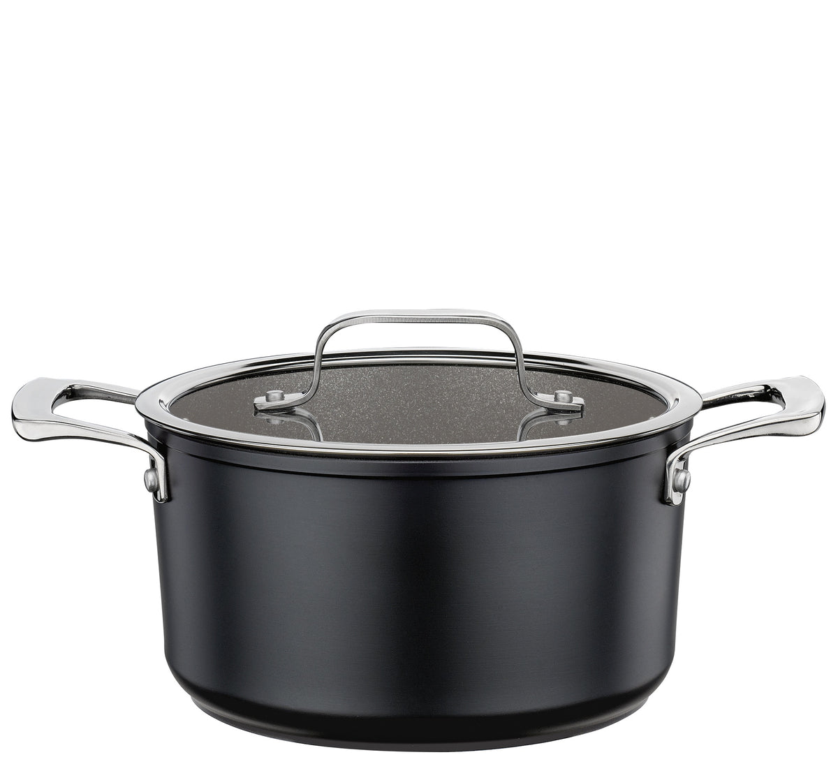Meridan Pro Swiss Crystal 20cm low casserole in black non-stick with a glass lid and two steel handles