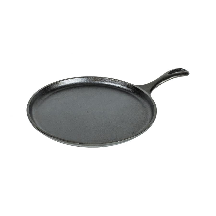 Lodge round griddle, 26cm, in black cast iron with a handle
