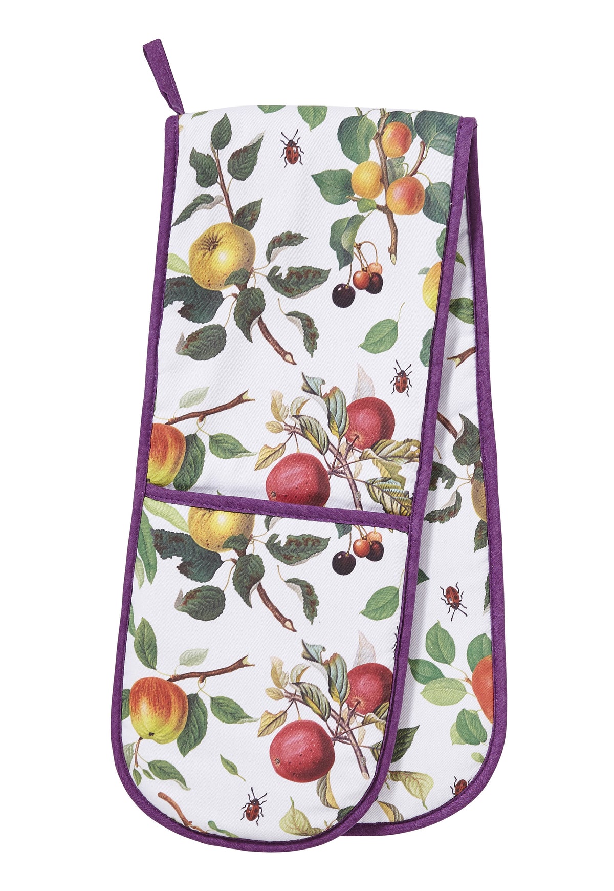 Ulster Weavers Fruit double oven glove with a print of apples, pears and berries and purple binding