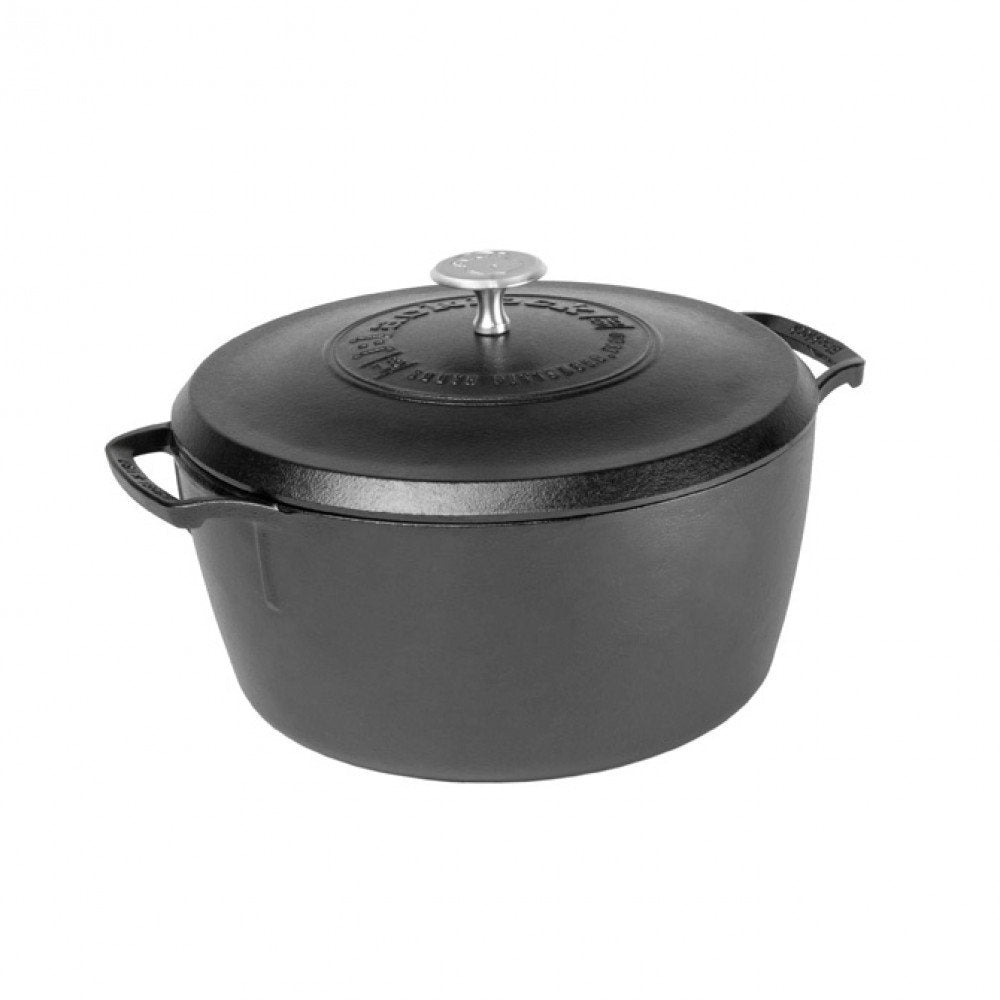 Lodge Blacklock cast iron Dutch oven, 5.2 litre, in black with a lid and side handles